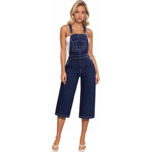 imageHybrid ampamp Company Womens Denim Bib Sleeveless Overalls Utility Rompers Capri Jumpsuit with PocketsQvj156998darkwash