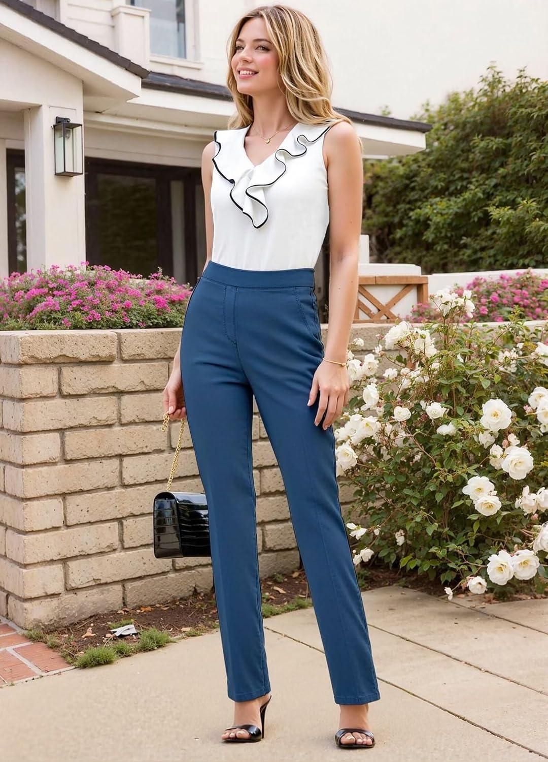 imageHybrid ampamp Company Womens Straight Leg Pull On Pants  Ultra Stretch Ponte  Office ampamp Casual WearNavy