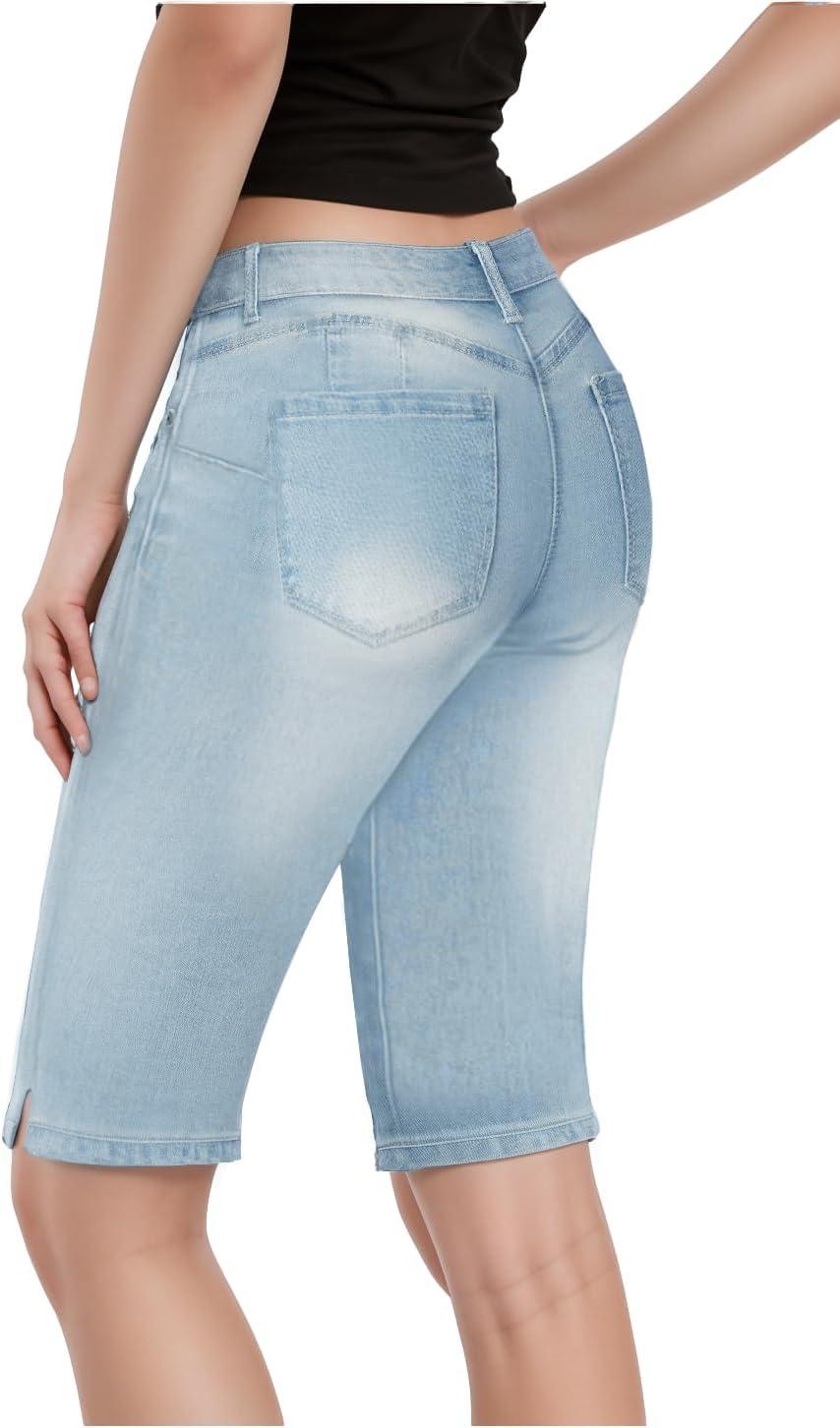 imageHybrid ampamp Company Womens Ultra Comfy Butt Lift Stretch Bermuda City ShortsRippedlight Wash