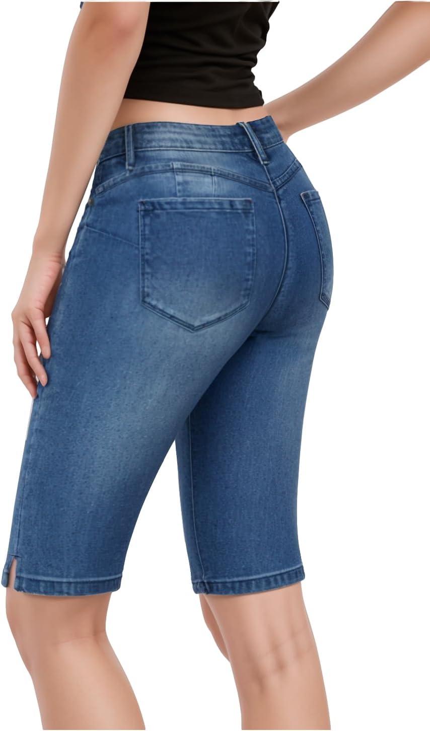 imageHybrid ampamp Company Womens Ultra Stretch Perfectly Shaping Mid Rise Skinny Bermuda Shorts with PocketsRippedmedium Was