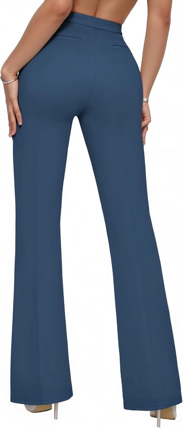 imageHybrid ampamp Company Womens Ultra Stretch Ponte Flare PantsHigh RiseFaux PocketsPull OnWrinkle ResistantCasual ampamp Office WearNavy