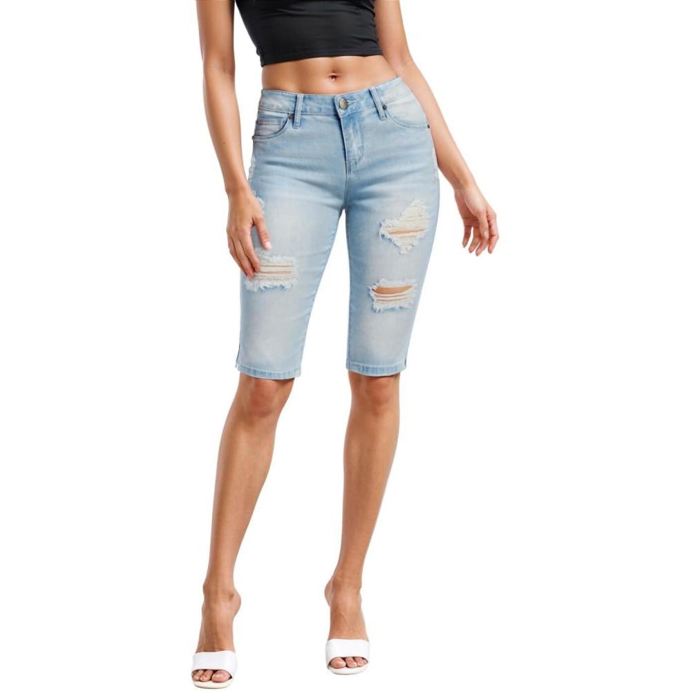 imageHybrid ampamp Company Womens Ultra Comfy Butt Lift Stretch Bermuda City ShortsRippedlight Wash