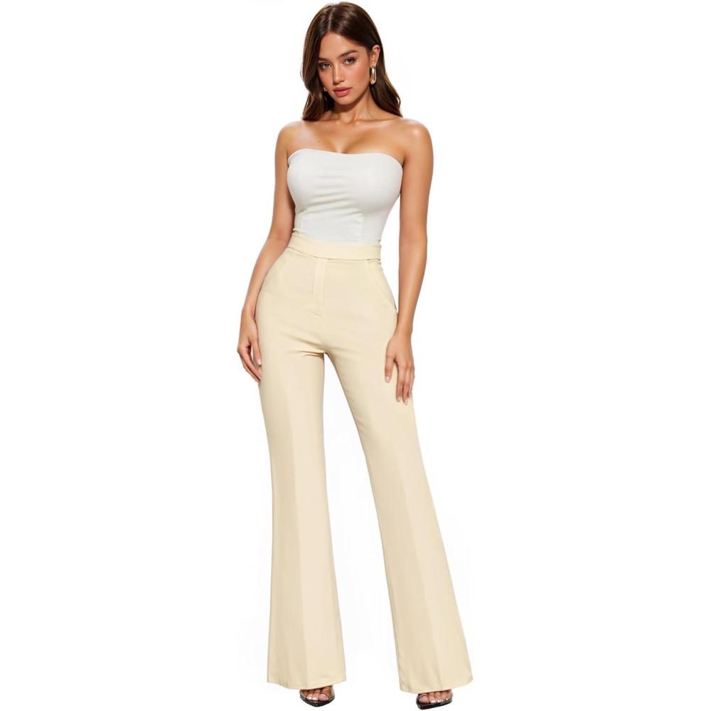 imageHybrid ampamp Company Womens Ultra Stretch Ponte Flare PantsHigh RiseFaux PocketsPull OnWrinkle ResistantCasual ampamp Office WearIvory