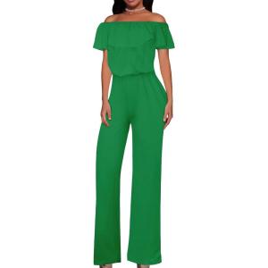 imageHybrid ampamp Company Womens Lightweight Off Shoulder Jumpsuit  Stretchy Wide Leg Romper  Casual to Formal One Piece OutfitKellygreen