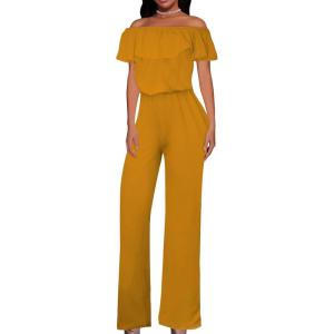 imageHybrid ampamp Company Womens Lightweight Off Shoulder Jumpsuit  Stretchy Wide Leg Romper  Casual to Formal One Piece OutfitTexturedMUSTARD