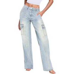 imageHybrid ampamp Company Womens Wide Leg Stretch Cargo Jeans Casual Mid Rise Loose Denim Pants with PocketsLight Tint
