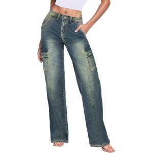 imageHybrid ampamp Company Womens Wide Leg Stretch Cargo Jeans Casual Mid Rise Loose Denim Pants with PocketsTint