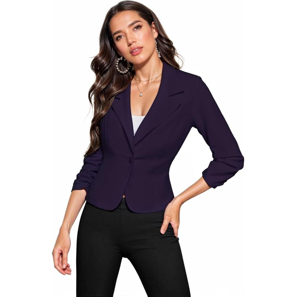 imageHybrid ampamp Company Womens Lightweight Casual Work Office Stretch Ponte Cardigan Blazer Jacket Made in USAEggplant