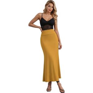 image:imageHybrid amp Company Womens Stretch Lightweight Flowy Maxi Skirt  Casual Fold Over Waist Made in USAMustard