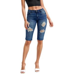 image:imageHybrid amp Company Womens Ultra Stretch Perfectly Shaping Mid Rise Skinny Bermuda Shorts with PocketsRippedmedium Was