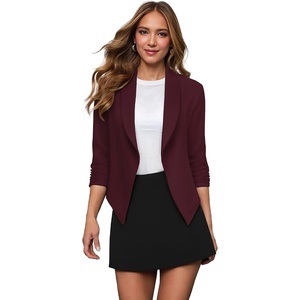 image:imageHybrid amp Company Ruched Sleeve Blazer  Lightweight fabric open front silhouette classic ruched sleeves suitable for office business casual and everyday wearBurgundy