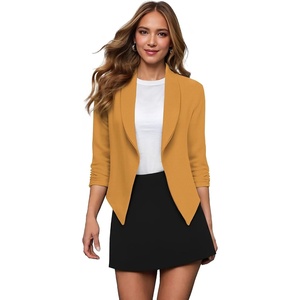 image:imageHybrid amp Company Ruched Sleeve Blazer  Lightweight fabric open front silhouette classic ruched sleeves suitable for office business casual and everyday wearMustard