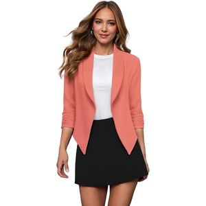image:imageHybrid amp Company Ruched Sleeve Blazer  Lightweight fabric open front silhouette classic ruched sleeves suitable for office business casual and everyday wearCoral