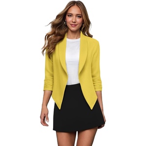 image:imageHybrid amp Company Ruched Sleeve Blazer  Lightweight fabric open front silhouette classic ruched sleeves suitable for office business casual and everyday wearSunshine