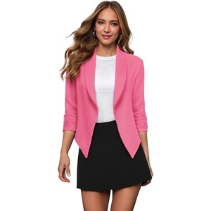 image:imageHybrid amp Company Ruched Sleeve Blazer  Lightweight fabric open front silhouette classic ruched sleeves suitable for office business casual and everyday wearNeon Pink